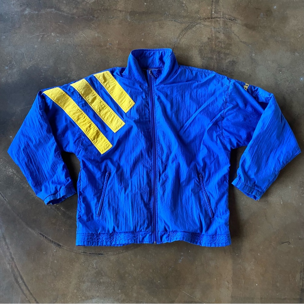 VTG 80s Adidas Nylon Striped Blue Yellow Baggy Track Jacket Windbreaker
